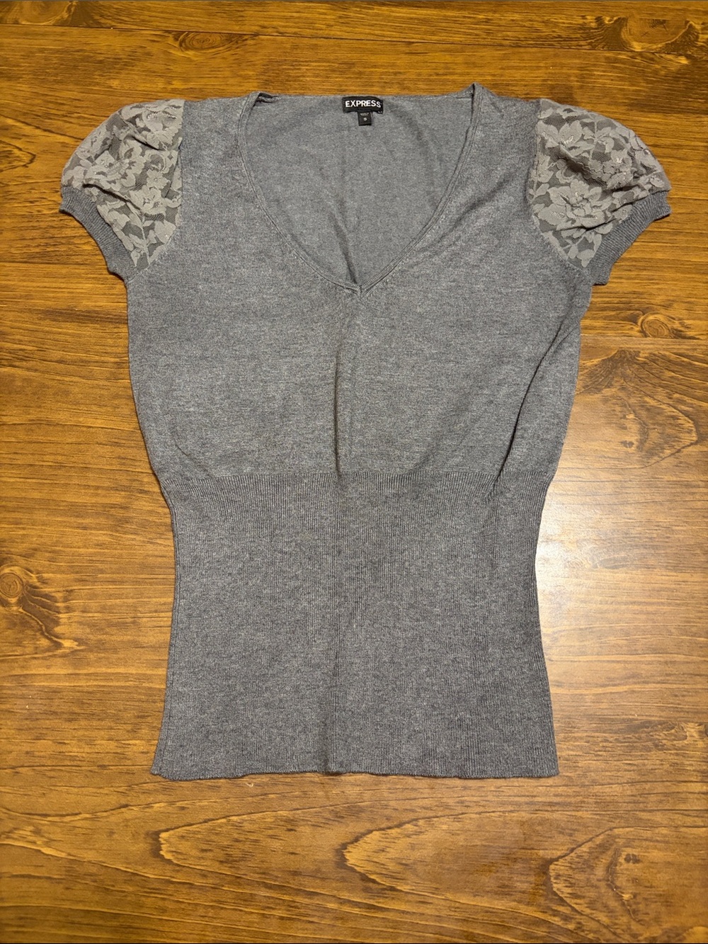 Express Gray V-Neck Knit Top with Lace Cap Sleeves